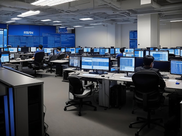 Photo a computer lab filled with rows of computers generated by ai