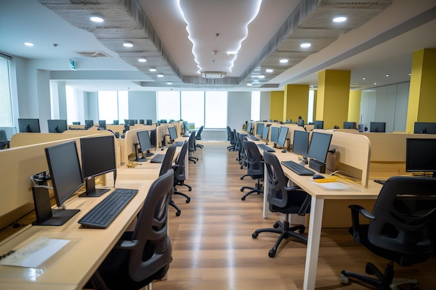 A computer lab with a green sign that says'it's time to work '