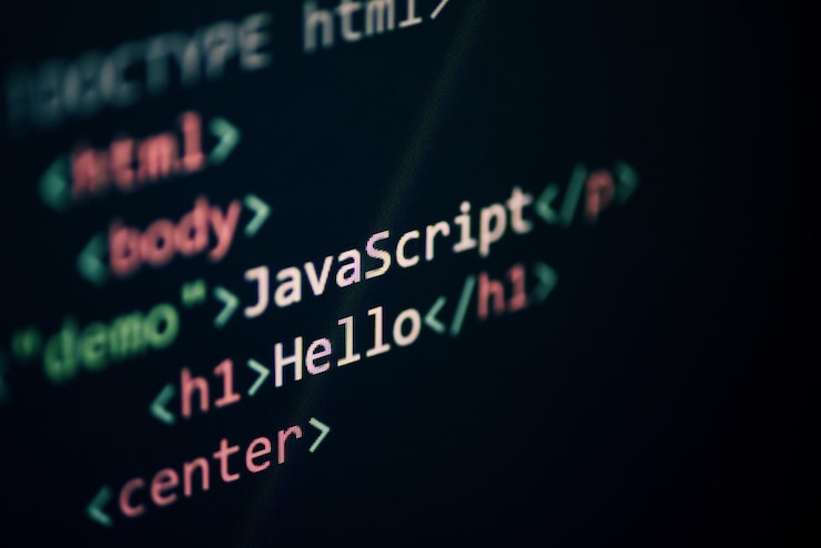 Photo computer language programming javascript code internet text editor components on on display screen