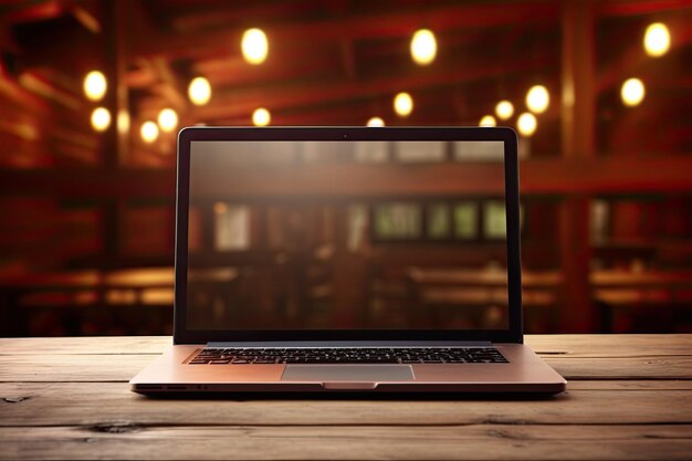 Computer laptop over blurred group of people at coffee shop