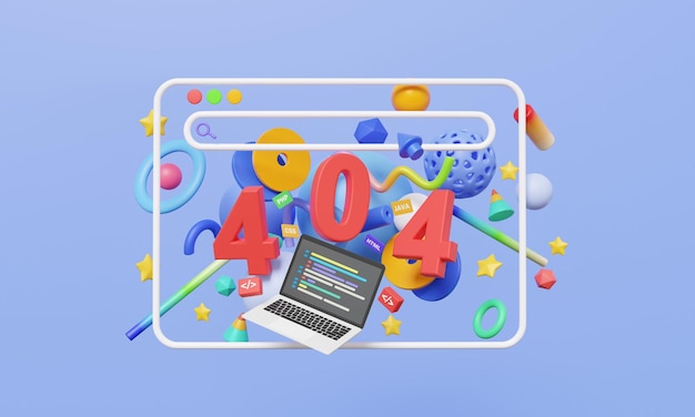 Computer laptop coding software developer website warning alert 404 error page not found 3d render
