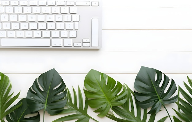 computer laptop keyboard over green monstera leaves on white wooden table for business work place card decor