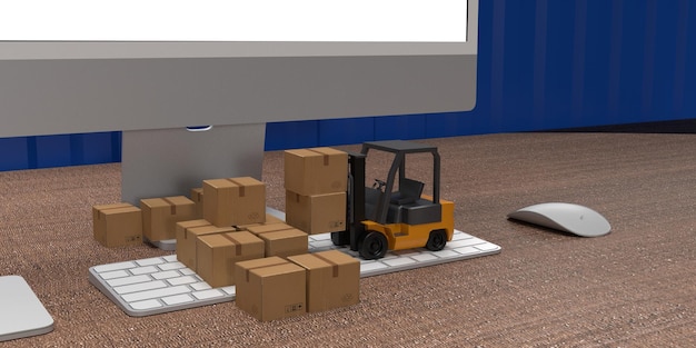 Computer laptop keyboard mouse box forklift symbol import export container logistic cargo freight ecommerce order online shipping trade global industry business transport management 3d render