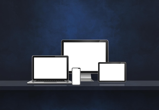 Foto computer, laptop, mobiele telefoon en digitale tablet-pc - zwarte muurplankbanner. 3d illustratie