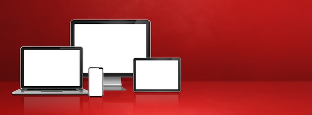 Computer, laptop, mobiele telefoon en digitale tabletpc - rode bureaubanner.