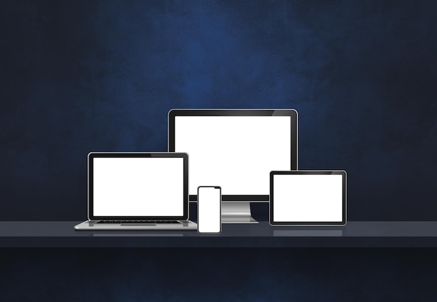 Photo computer, laptop, mobile phone and digital tablet pc - black wall shelf banner. 3d illustration