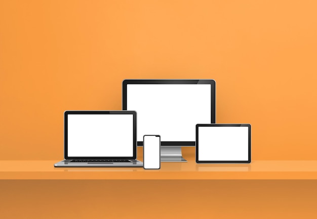 Computer, laptop, mobile phone and digital tablet pc - orange wall shelf banner. 3D Illustration