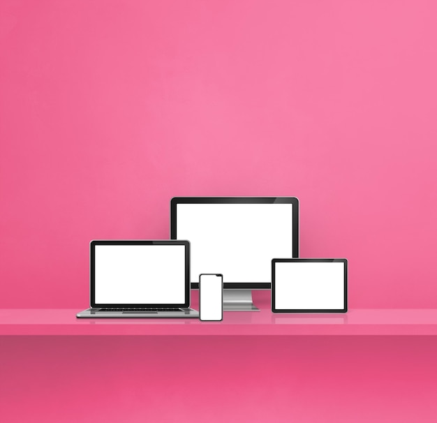 Photo computer laptop mobile phone and digital tablet pc pink wall shelf background 3d illustration