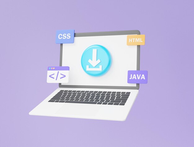 パソコンのモックアップ Web UIUX デザイン ソフトウェア開発コンセプト 紫の背景のプログラミング言語開発 アプリケーション プロジェクト データベース ダウンロード 3D レンダリング
