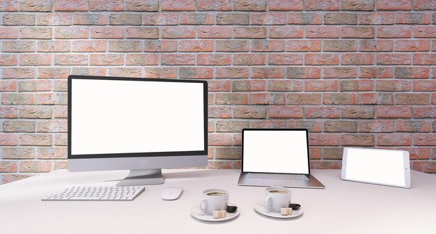 Computer and Laptop Mockup on Office Desk with Red Bricks Wall Background