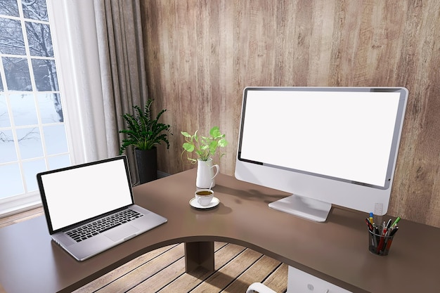 Computer and Laptop Mockup on Office Table