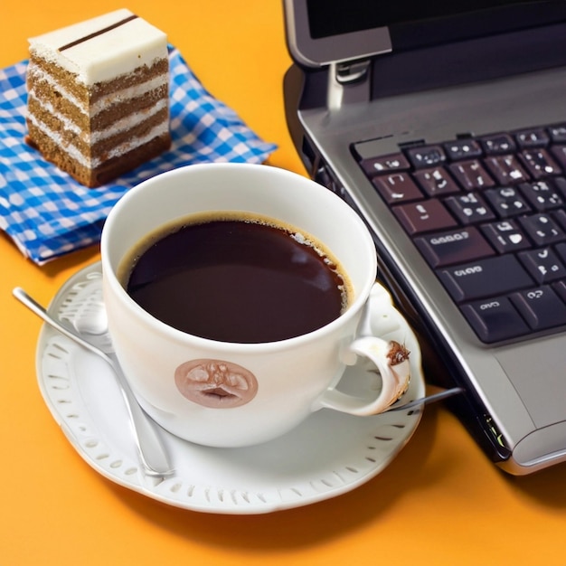 Computer laptop with mouse and coffee cup on table in coffe shop