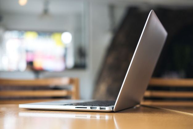 Computer laptop on wooden table