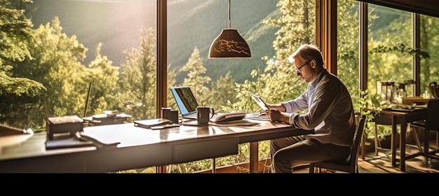 Computer man caucasian businessman sitting technology internet business laptop using office Generative AI