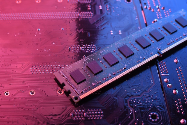 Computer memory RAM on circuit motherboard background 