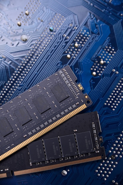 Computer memory ram on motherboard . close up. system, main\
memory, random access memory, onboard, computer detail. computer\
components . ddr3. ddr4. ddr5