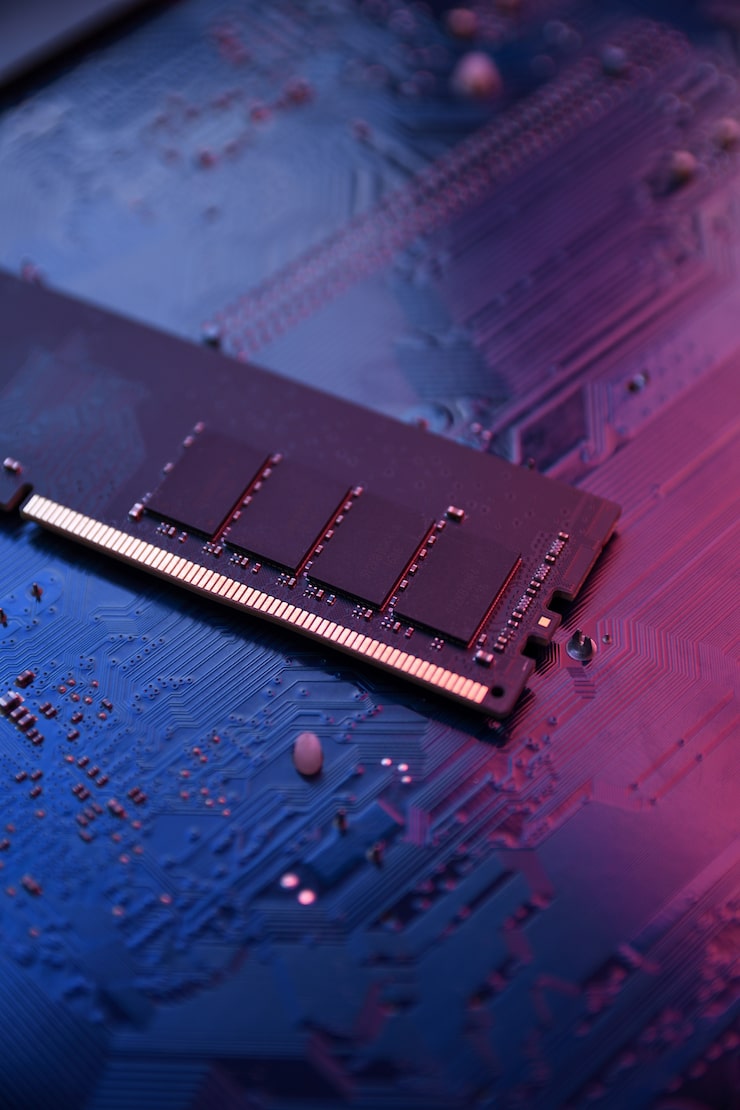 Photo 電腦記憶體 ram 在主板上. 近距離. 系統,主記憶體,隨機存取記憶體,內部,電腦細節. 電腦元件. ddr3. ddr4. ddr5