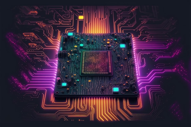 Computer microchip halfgeleider op moederbord futuristische cyber neonverlichting