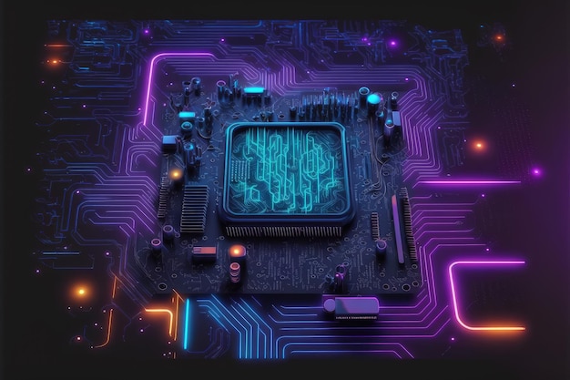 Photo computer microchip semiconductor on motherboard futuristic cyber neon lighting