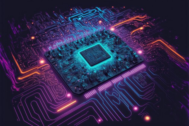 写真 マザーボード上のコンピューター マイクロ チップ半導体未来的なサイバー ネオン照明
