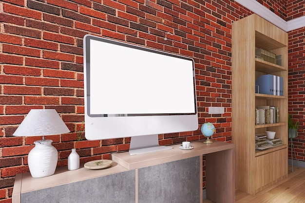 Computer Mockup in Modern Office Interior Design with Red Bricks Wall Background