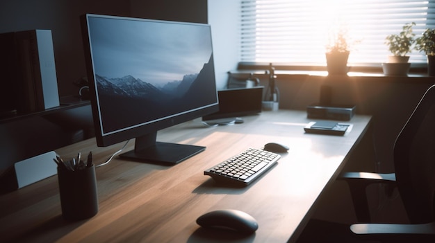 A computer monitor on a desk with a keyboard and mouse.