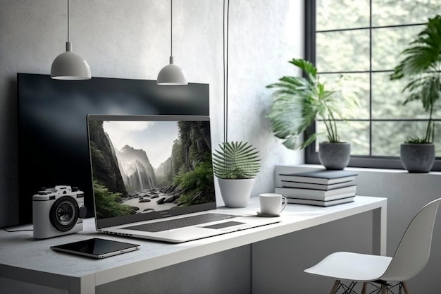 A computer monitor on a desk with a plant on it