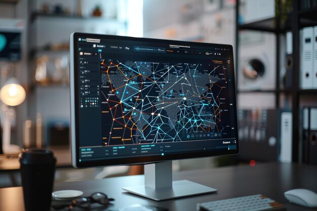 a computer monitor displaying a 3d visualization placed on top of a desk a computer screen showing a 3d visualization of complex data structures in an office environment