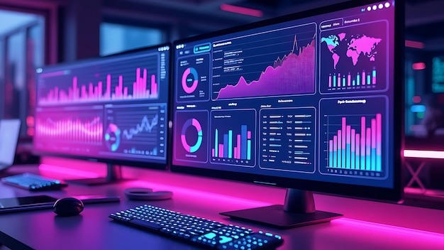 computer monitor displaying an abstract network monitoring dashboard with realtime data analytics graphs and system health indicators
