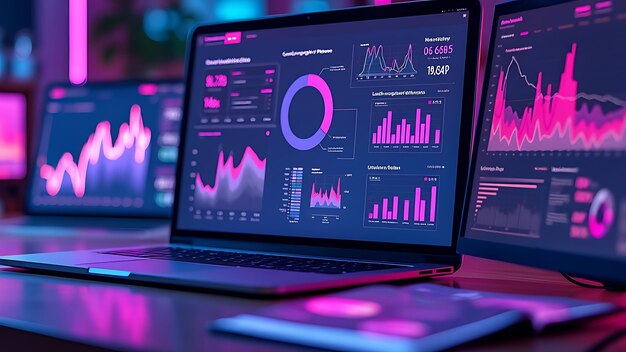 computer monitor displaying an abstract network monitoring dashboard with realtime data analytics graphs and system health indicators