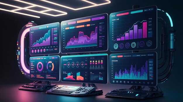 computer monitor displaying an abstract network monitoring dashboard with realtime data analytics graphs and system health indicators