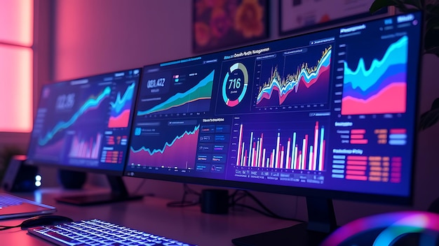 computer monitor displaying an abstract network monitoring dashboard with realtime data analytics graphs and system health indicators