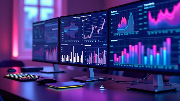 computer monitor displaying an abstract network monitoring dashboard with realtime data analytics graphs and system health indicators