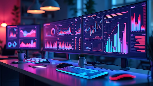 computer monitor displaying an abstract network monitoring dashboard with realtime data analytics graphs and system health indicators