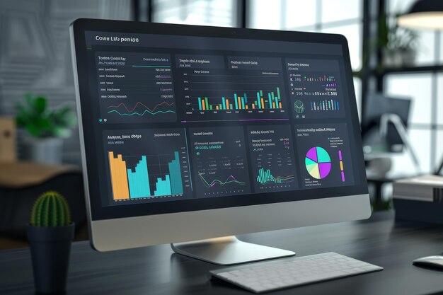 A computer monitor displays a number of graphs and charts