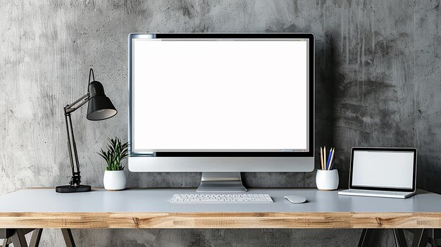 a computer monitor is on a desk for mockup on white color background