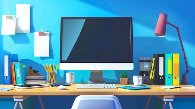 a computer monitor is on a desk with a blue background