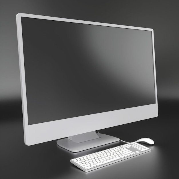 A computer monitor is sitting on a stand with a keyboard and mouse.