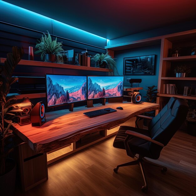 a computer monitor is sitting on a wooden table in a room with a mountain scene on the wall