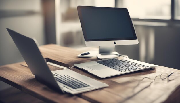 Foto un monitor computer e una tastiera su una scrivania con una finestra dietro