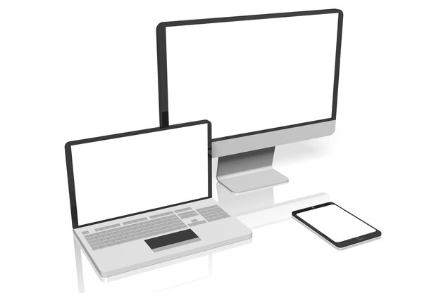 Computer monitor laptop en tablet met lege schermen op witte achtergrond 3D illustratie