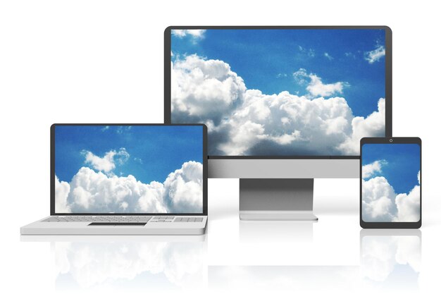 computer monitor laptop and tablet with sky on screens isolated on white background