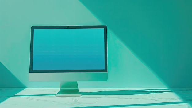 A computer monitor sits on a desk in front of a green wall