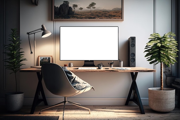 A computer monitor sits on a desk in a home office.