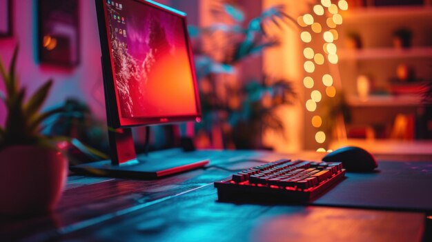 Photo a computer monitor sitting on a desk with keyboard and mouse ai