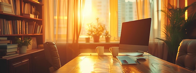 A computer monitor sitting on top of a wooden desk next to a window with a view of the city a stock