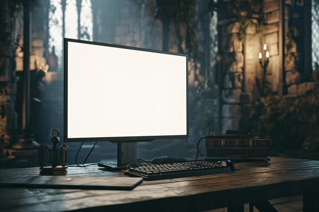 Photo a computer monitor sitting on top of a wooden desk