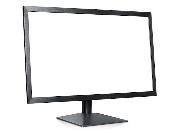 Computer monitor standing half sideways with copy space on white isolated background