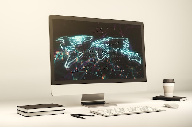 추상적이고 창의적인 디지털 세계 지도 세계화 개념 3D 렌더링