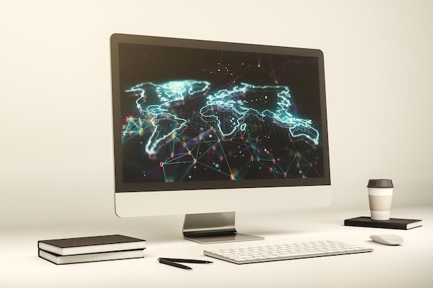 Computer monitor with abstract creative digital world map globalization concept 3D Rendering